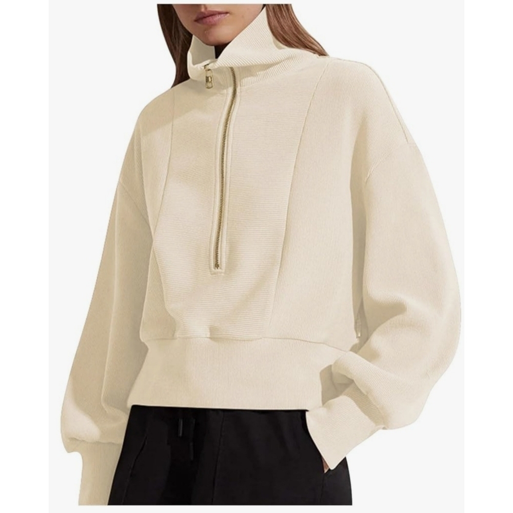 NEW Woman's Oversized Cropped Half Zip Cream Pullover Sweatshirt